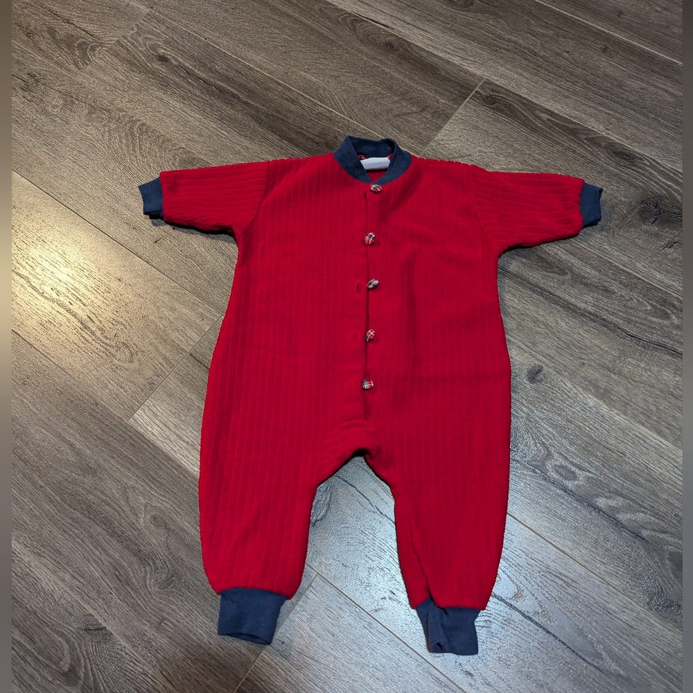 Sweet Treasures sleepers. Tartan fabric buttons. Size 12 months. Navy and Red.